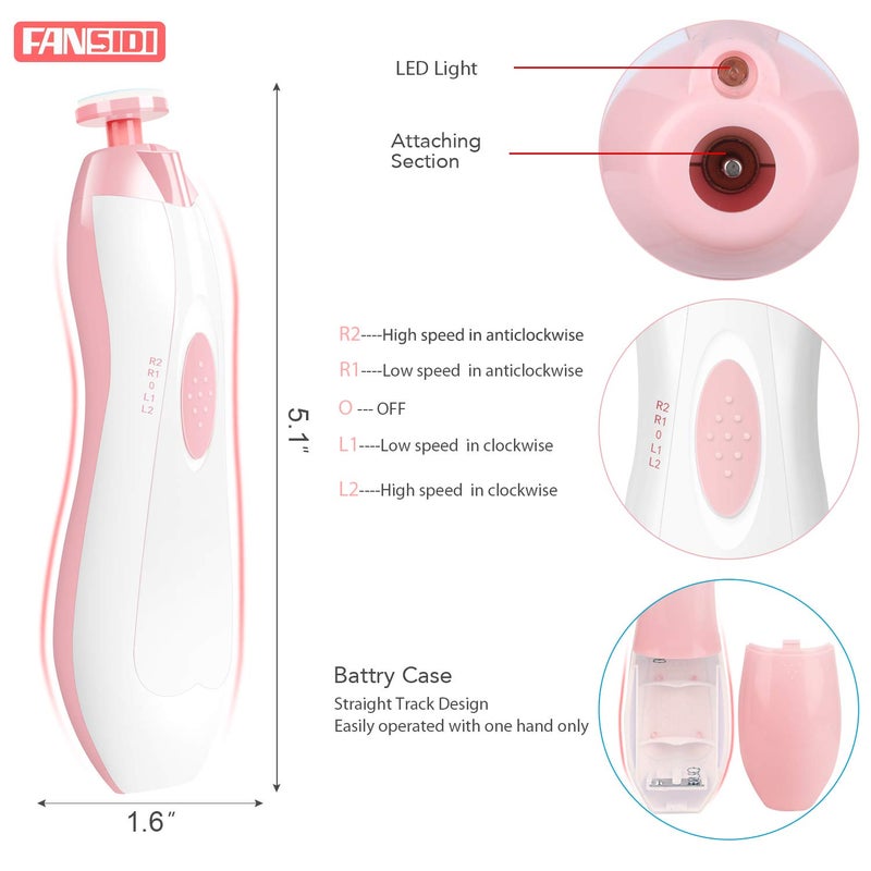 FANSIDI Baby Nail Trimmer Electric, Baby Nail File Infant Nail Clippers with 10 Grinding Pads 8 Sandpapers for Newborn Infant Toddler or Adults Toes Fingernails Care - AA Battery Operated (White/Pink) - Image 2